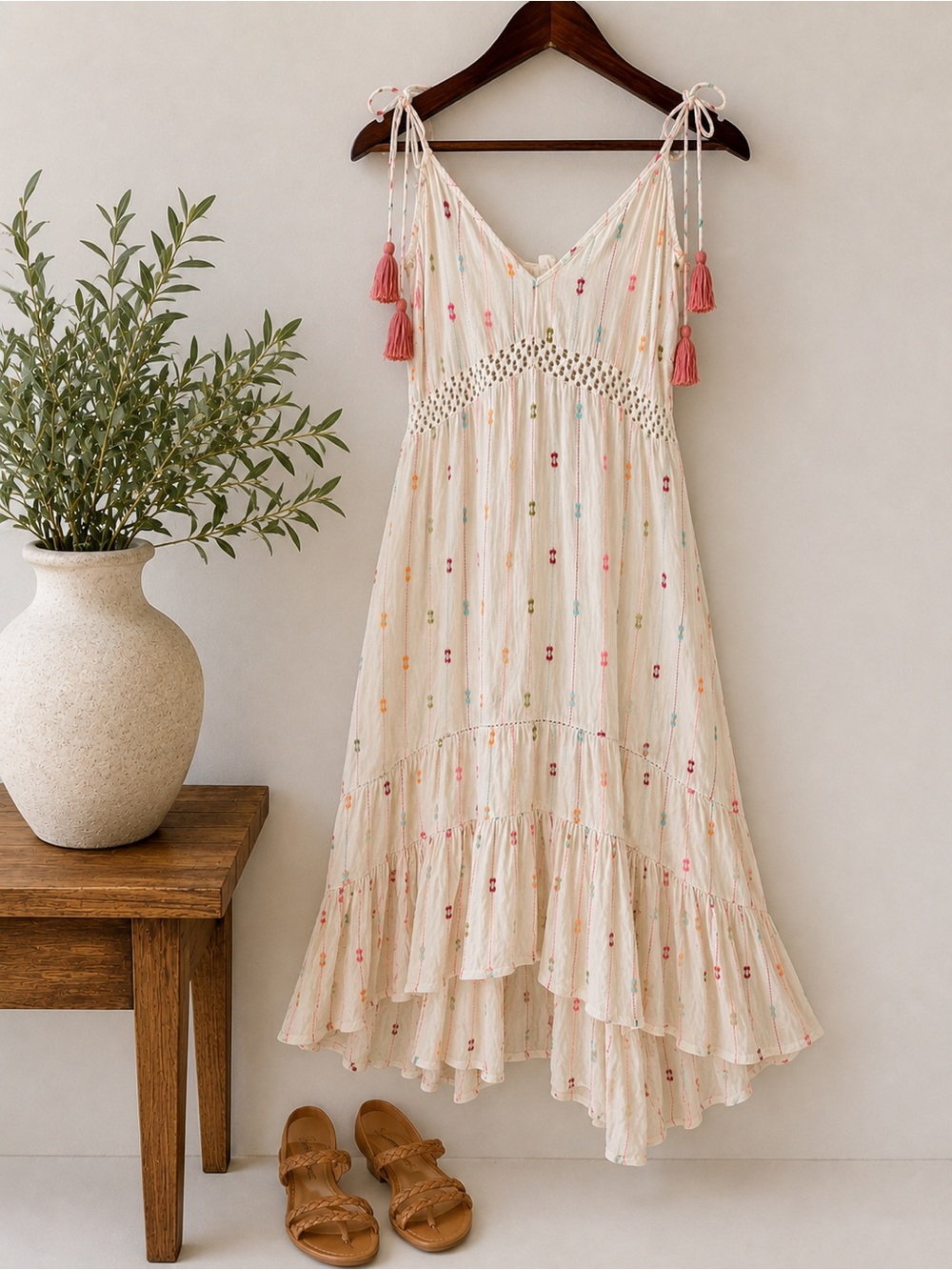 Love Stitch Embroidered Tassel Midi Dress | Boho | Ivory | Size S